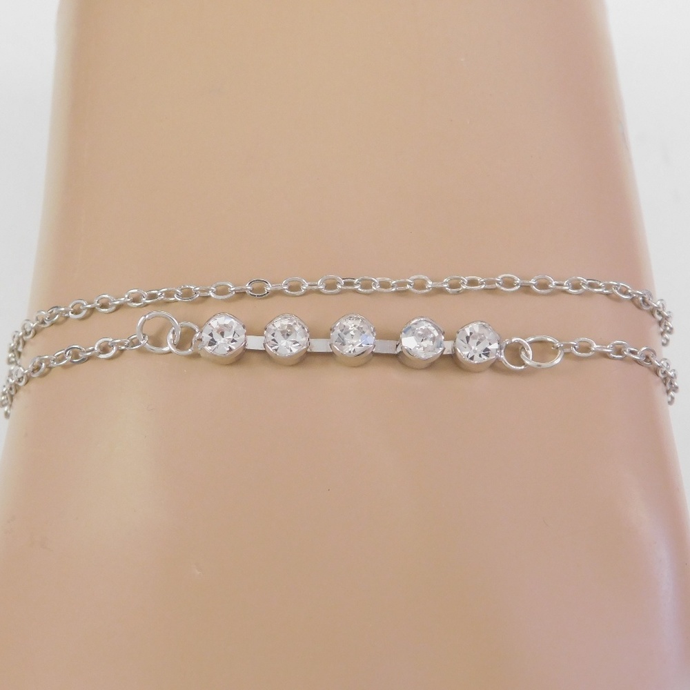 Double Chain Rhinestone Bar Anklet - Picture 2 of 3